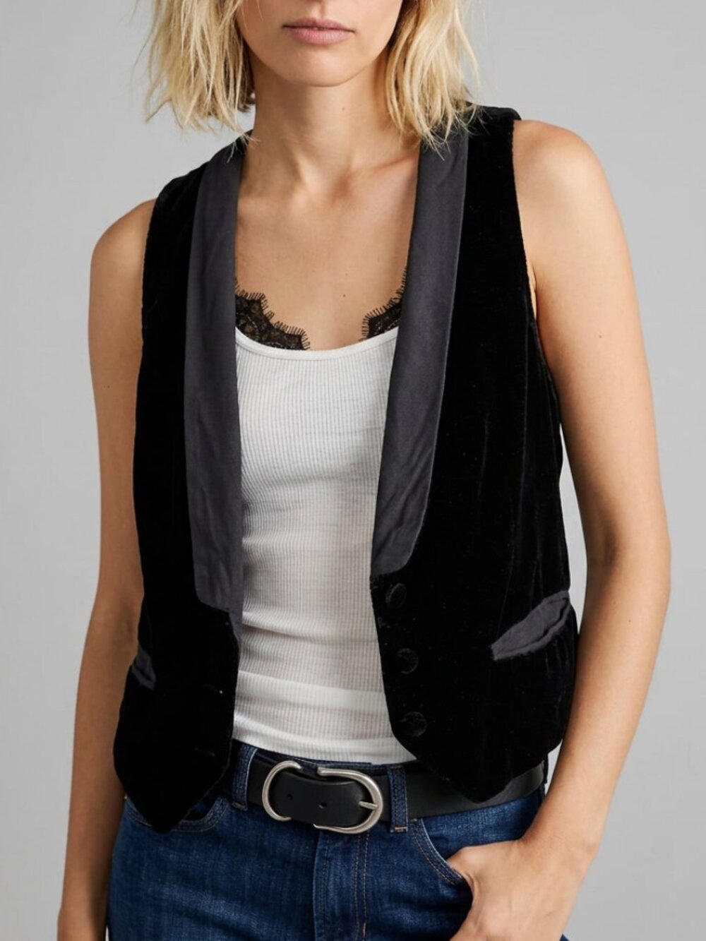 Free People Velvet Button Closure Vest Black Size XS